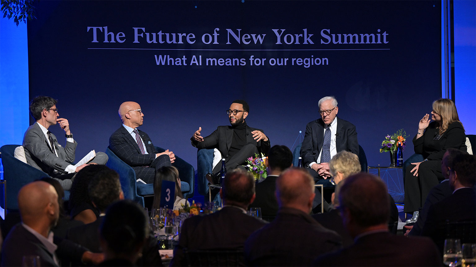 Moderator Nick Thompson, left, with panelists Darren Walker, John Legend, David Rubinstein, and Laura Rosenbury.