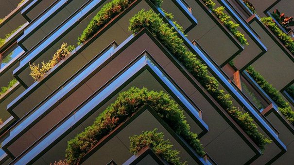 Looking up at beautifully designed high-rise balconies featuring plants