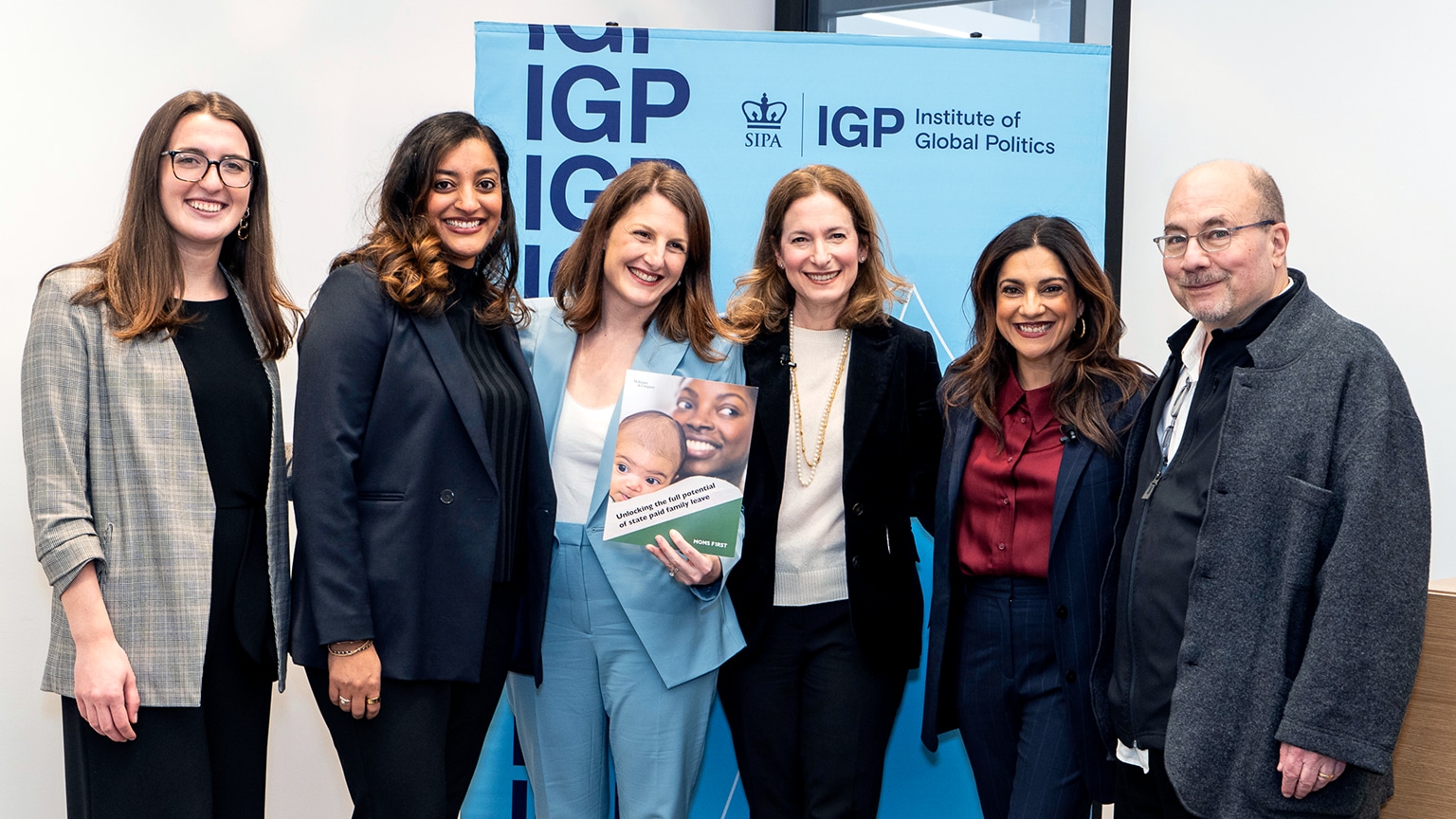 The report launch event with, from left: McKinsey's Maggie D'Arcy and Ramya Ramya Parthasarathy, Moms First's Deborah Singer, Columbia University professor and leader of its Institute for Global Politics Jennifer Klein, Moms First's Reshma Saujani, and Craig Newmark, of Newmark Philanthropies