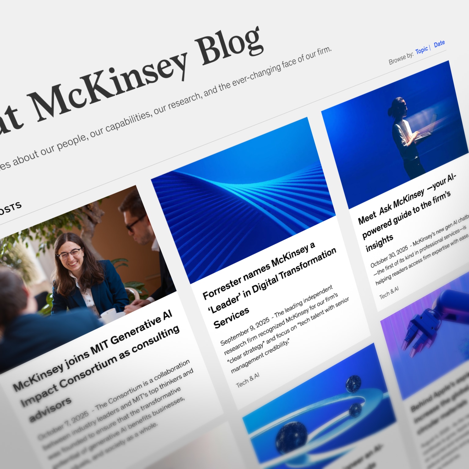 A screenshot of the McKinsey Blog website, featuring a grid of article previews