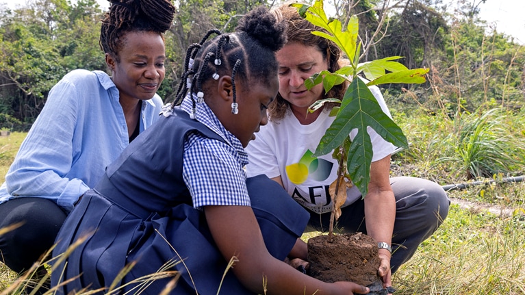 A school child and two adults planting a tree together.