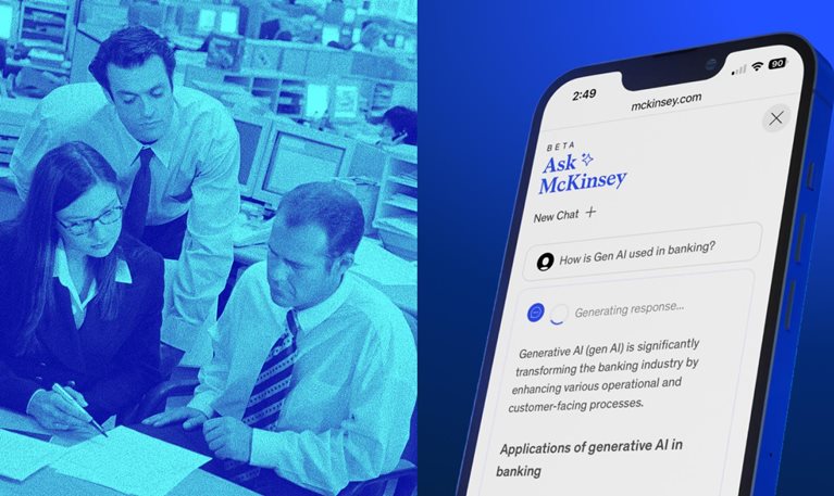 Three colleagues collaborate in an office beside a smartphone displaying the Ask McKinsey generative AI interface.