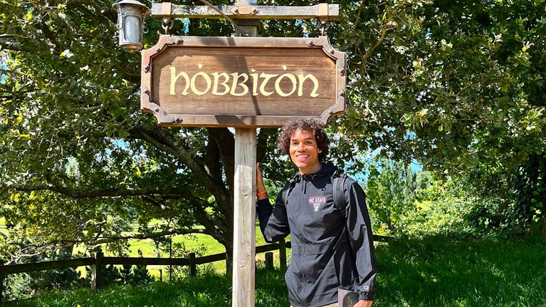Simon Barres at Hobbiton, the official Lord of the Rings set in New Zealand—not far from a mining site he was working on. 