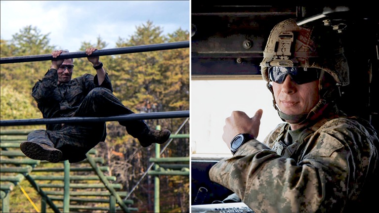 Split image: David in military uniform climbing a horizontal bar during training on the left; on the right, David in dress uniform standing with a woman in front of large naval ship guns.