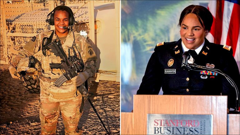 Split image: Amy in military combat uniform holding a rifle and helmet in a desert setting on the left; on the right, Amy in dress uniform speaking at a podium with a Stanford Business School sign.