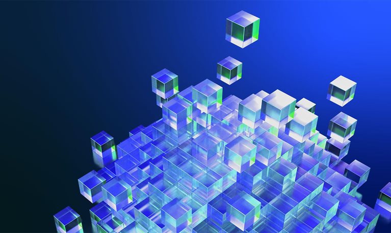 3D illustration of a collapsing pyramid of stacked crystal cubes