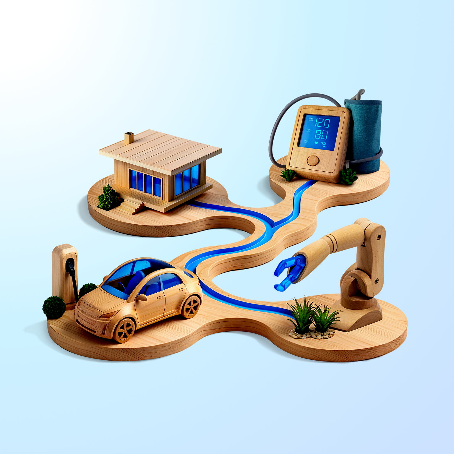 Four wooden models—a modern house, a blood pressure monitor, an electric car at a charging station, and a robotic arm—are arranged left to right on a wavy wooden base, connected by a glowing blue path.