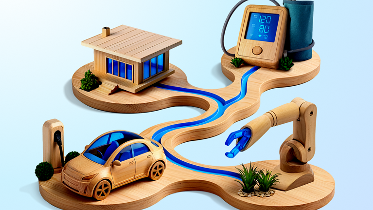Four wooden models—a modern house, a blood pressure monitor, an electric car at a charging station, and a robotic arm—are arranged left to right on a wavy wooden base, connected by a glowing blue path.
