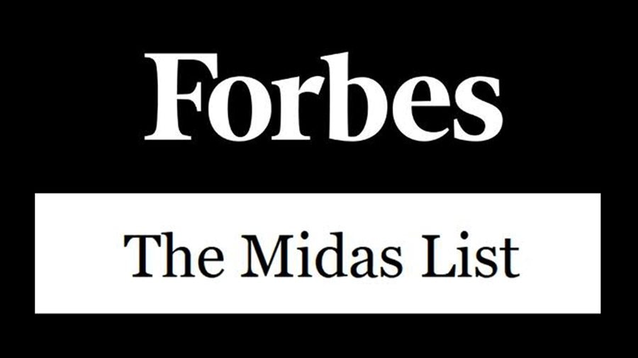Black and white logo with text saying Forbes Midas List 2021