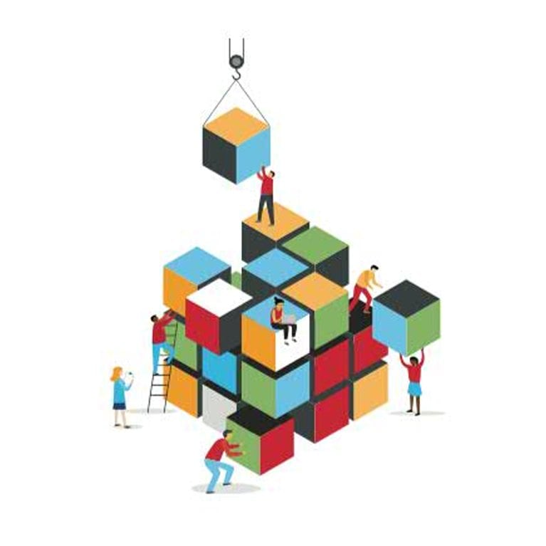 Illustration of people constructing a cube
