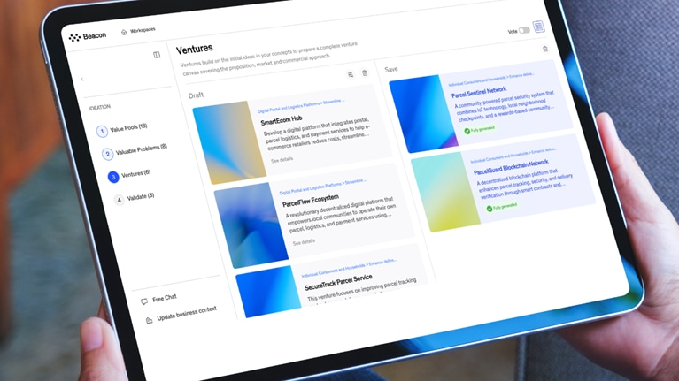 This image displays the Beacon workspace application on a tablet, showcasing a Ventures project management dashboard focused on developing e-commerce and logistics business ideas.