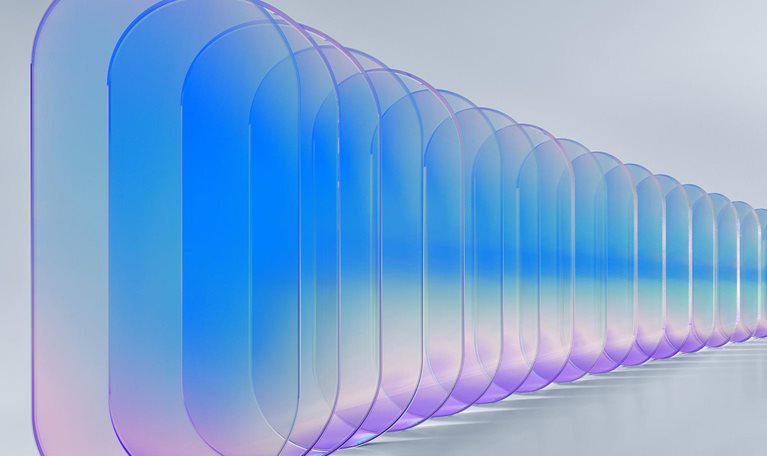 Series of translucent rounded rectangular shapes in blue and purple tones, decreasing in size and receding into the distance against a light gray background.