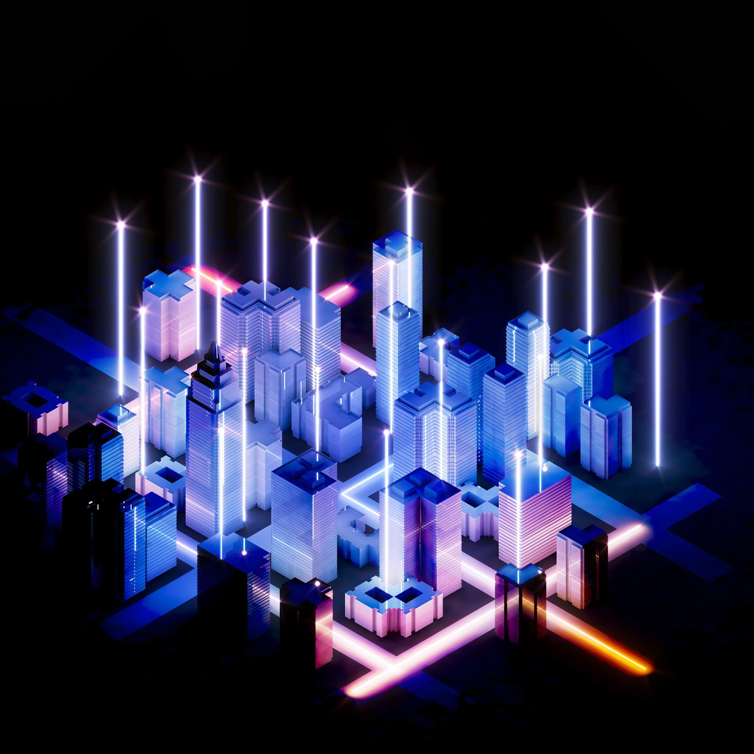  A futuristic, stylized city at night. The buildings glow with blue and pink hues, and beams of light shoot upwards from various structures.