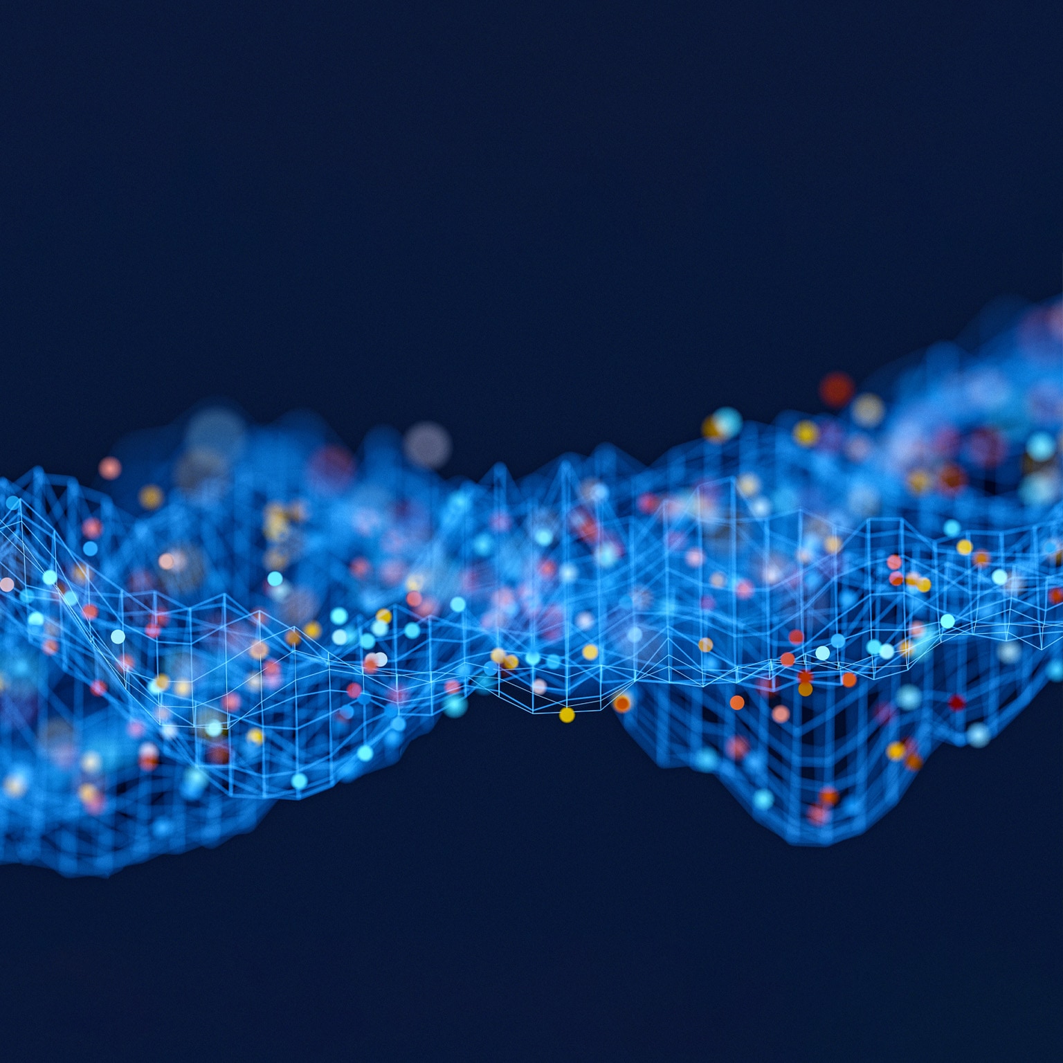 An abstract rendering of a data wave, with interconnected blue lines forming a grid-like structure. Spheres in shades of red, yellow, and blue, representing data points within raw data sets, are distributed across this grid, set against a solid dark blue background.
