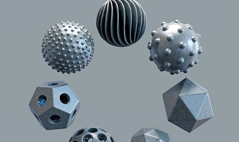 Seven 3D geometric shapes lined up in a circle
