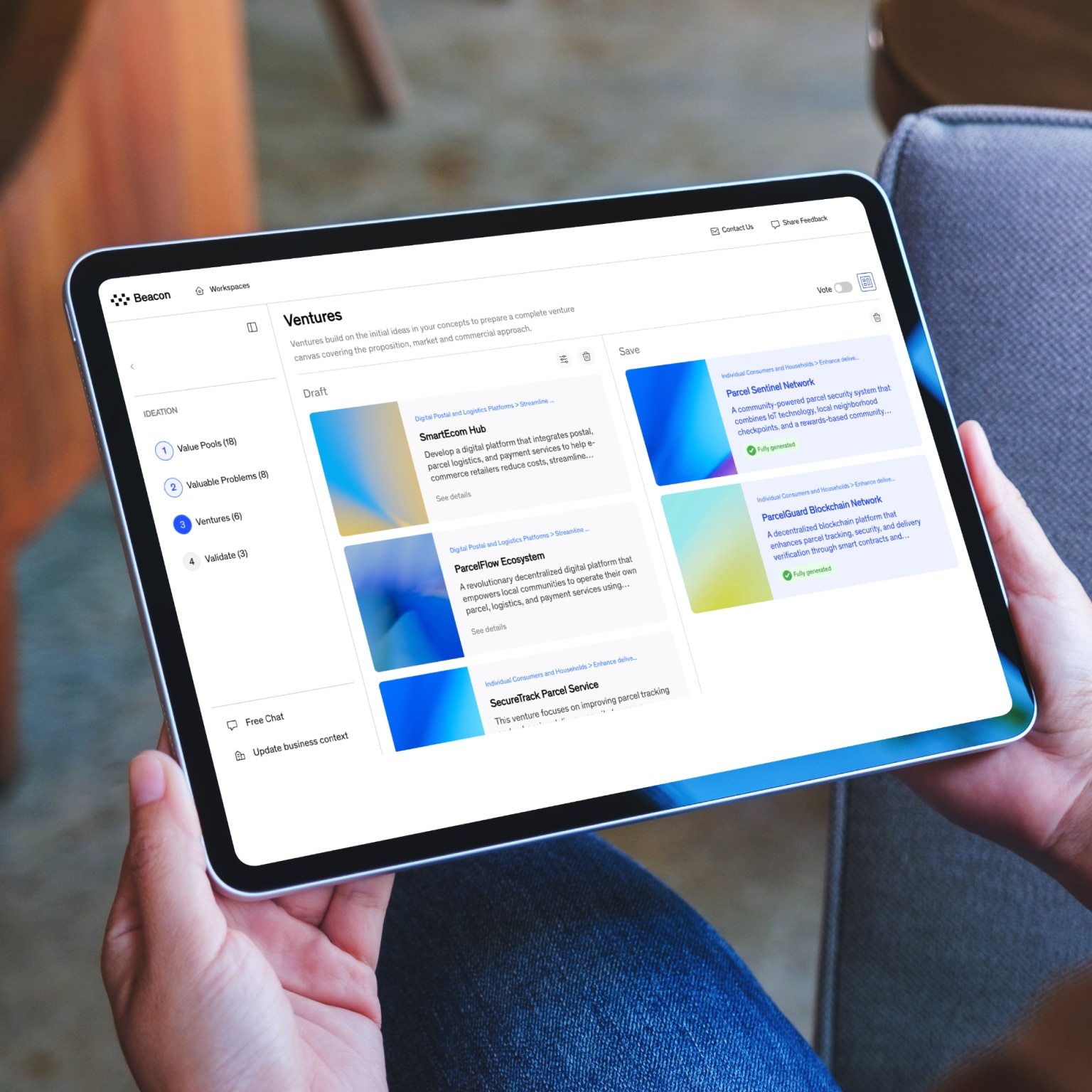 This image displays the Beacon workspace application on a tablet, showcasing a Ventures project management dashboard focused on developing e-commerce and logistics business ideas.