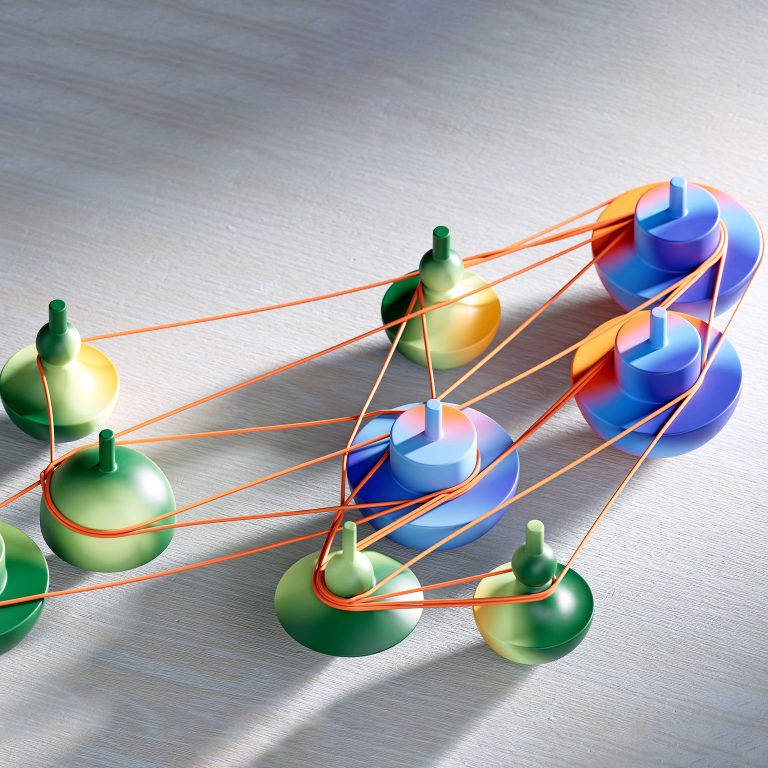 Green and blue forms linked by orange cords create a web of interconnected relationships.