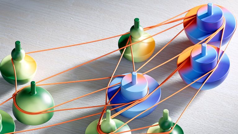Green and blue forms linked by orange cords create a web of interconnected relationships.