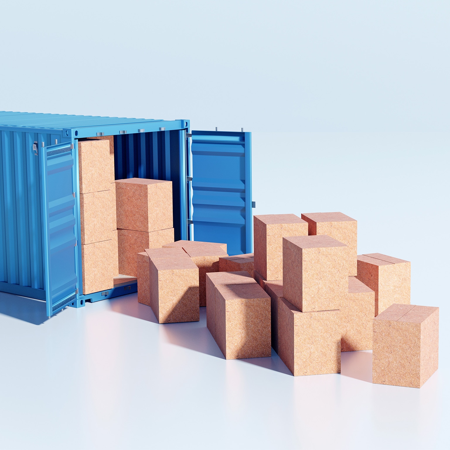 3D rendering of a cargo container with small boxes falling out