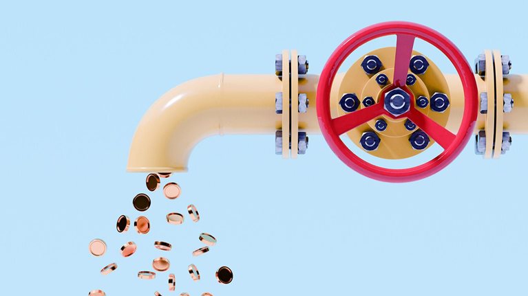 Conceptual image of coins coming out of a pipe with a big valve on it.
