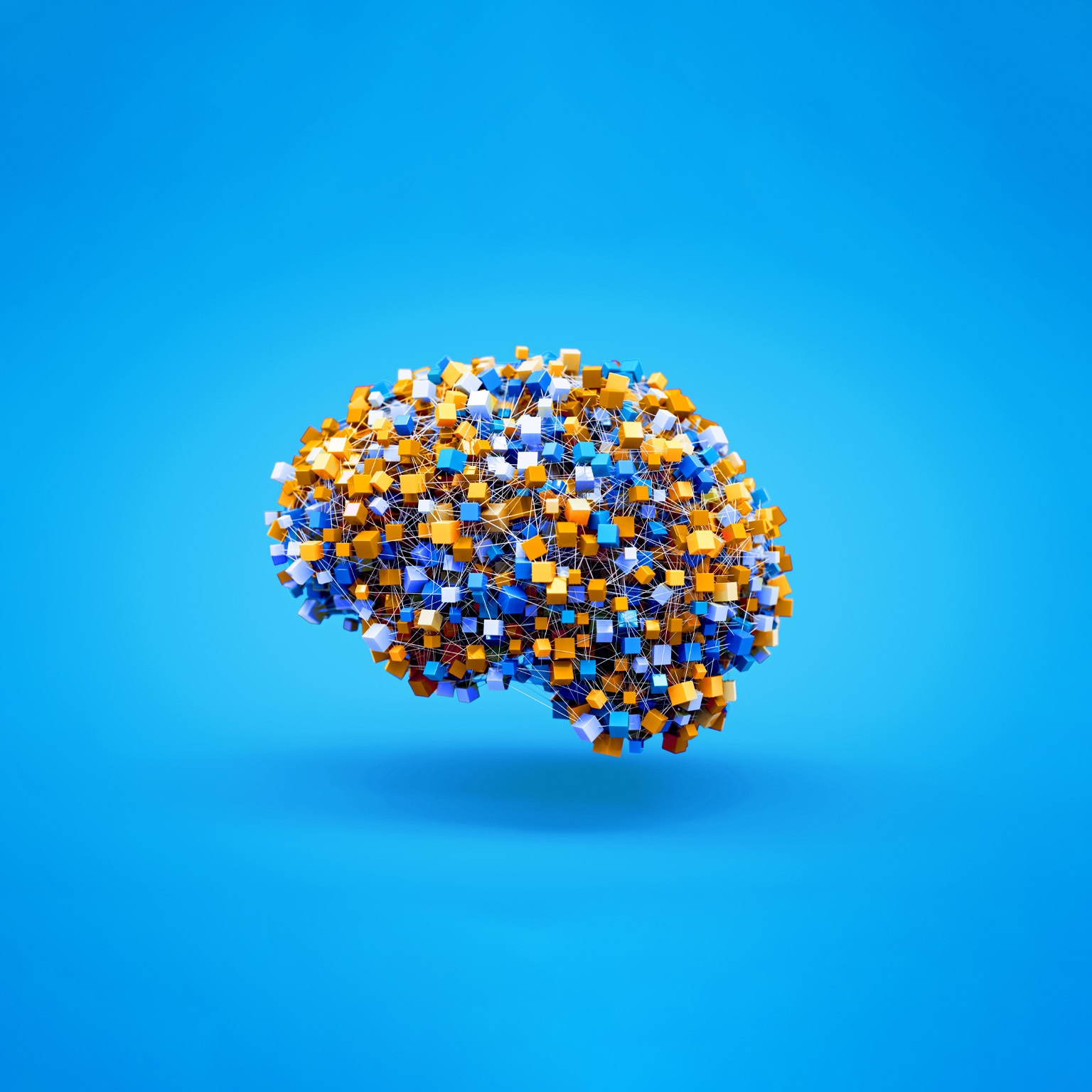 A stylized, three-dimensional rendering of a human brain. The brain is constructed from numerous small, colorful cubes—primarily blue, white, and gold—connected by thin, white lines on a light blue background.