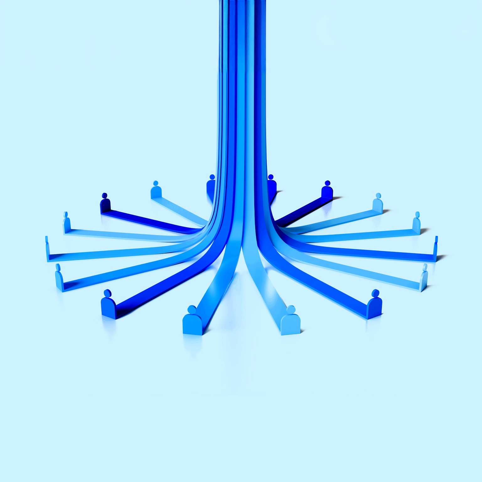 Stylized blue human icons arranged in a circle, pathways flow from the icons and converge to form central column. The image suggests connection and the distribution of information from a central hub to multiple individuals.
