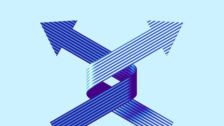 Two striped, ribbon-like arrows that intersect and loop around each other, creating a dynamic, intertwined shape. Set against a light blue background, the bold blue gradients give the design a sense of depth and movement.