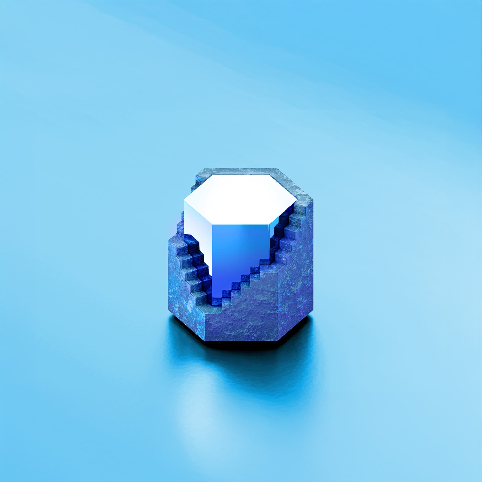 A geometric blue hexagon featuring a rocky outer surface, with a section removed to expose a polished, luminous gemstone at its center. The structure sits on a glossy blue surface against a soft blue background, giving it a clean, modern, and abstract feel.