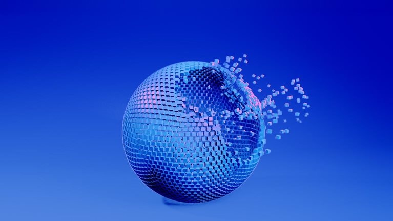 A glossy blue sphere with magenta highlights made of small cube-like particles gradually forms against a smooth blue gradient background.