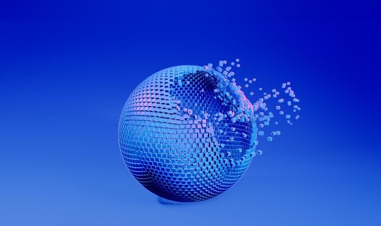 A glossy blue sphere with magenta highlights made of small cube-like particles gradually forms against a smooth blue gradient background.