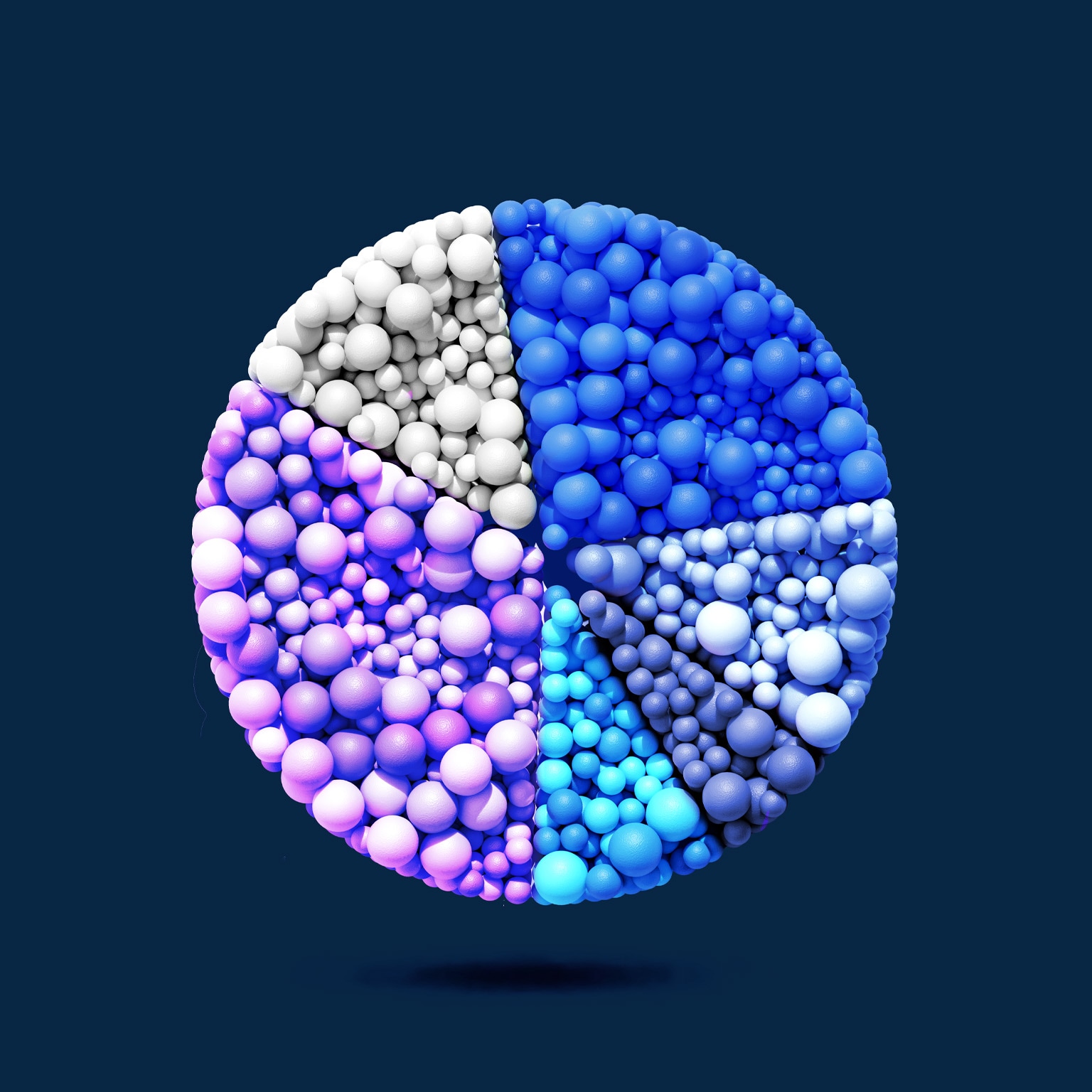A floating sphere composed of many small balls is divided into distinct color sections, including shades of blue, purple, white, and teal. The textured clusters create a segmented, pie-like pattern against a dark blue background, giving the image a modern, abstract 3D look.
