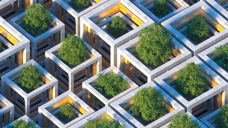 Digital generated image of futuristic sustainable cubic shapes made out of concrete and wood with growing trees inside each cube. Sustainability concept. - stock photo