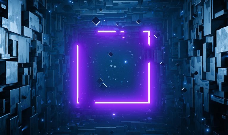 Sci-fi rectangular tunnel with neon purple square sign concept background