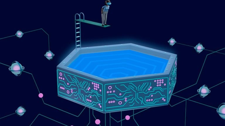 A computer illustration of an avatar jumping into a swimming pool