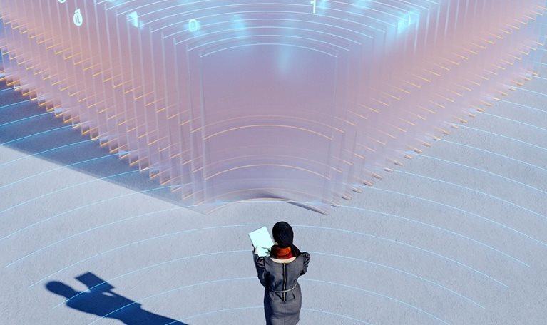A woman holding a tablet gazes at a large, luminous structure made up of see-through panels and illuminated with blue binary code.
