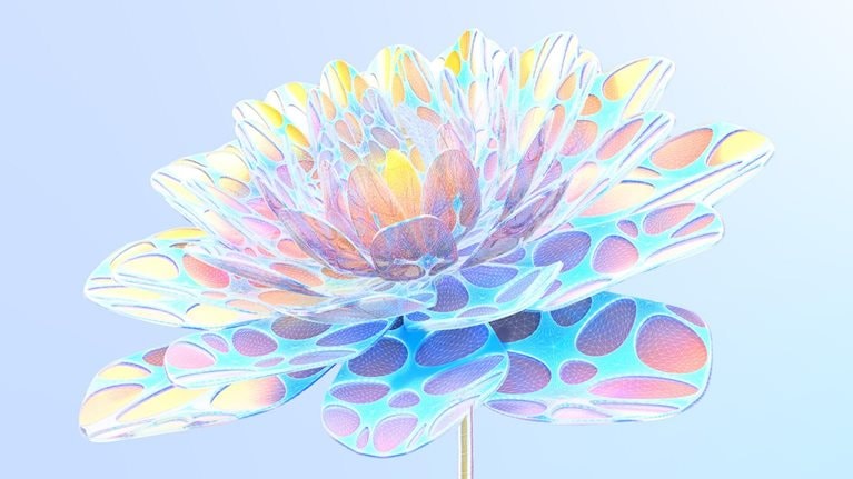 Digital generated image of organic shaped multicoloured flower against blue background. Biotechnology and AI concept.