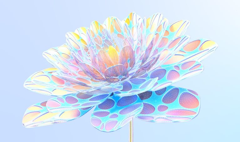 Digital generated image of organic shaped multicoloured flower against blue background. Biotechnology and AI concept.