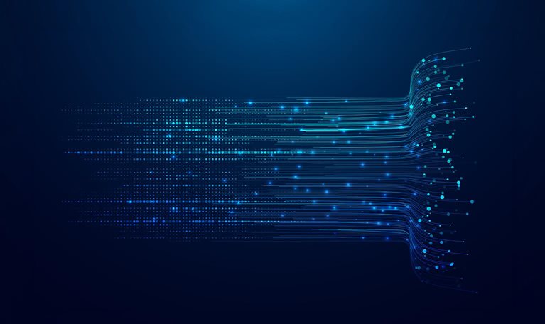 The image displays an abstract visualization of data flow, often used as a background to represent concepts like big data, artificial intelligence, or digital networking.