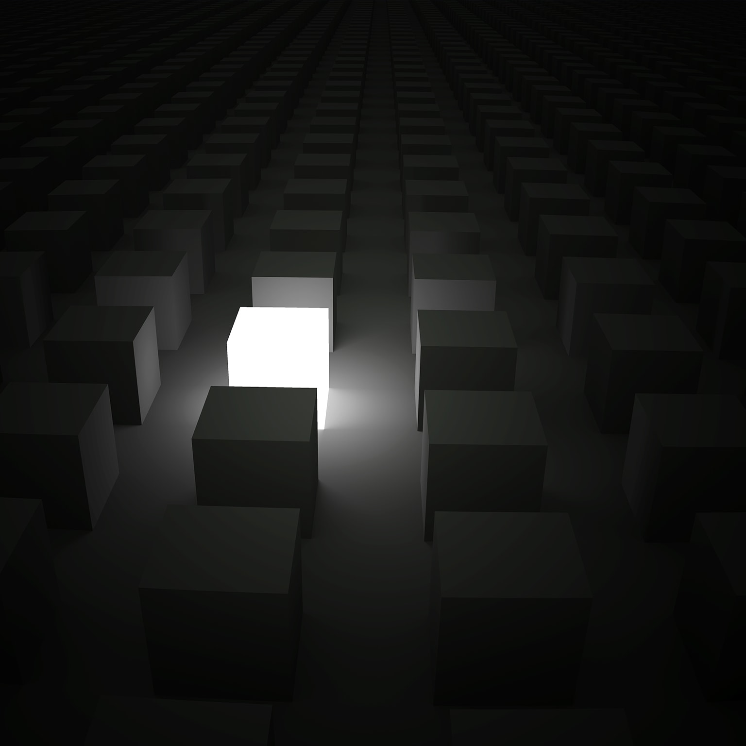 Rows of cubes in the darkness with a single cube lit up, shining while standing out of the crowd. - stock photo