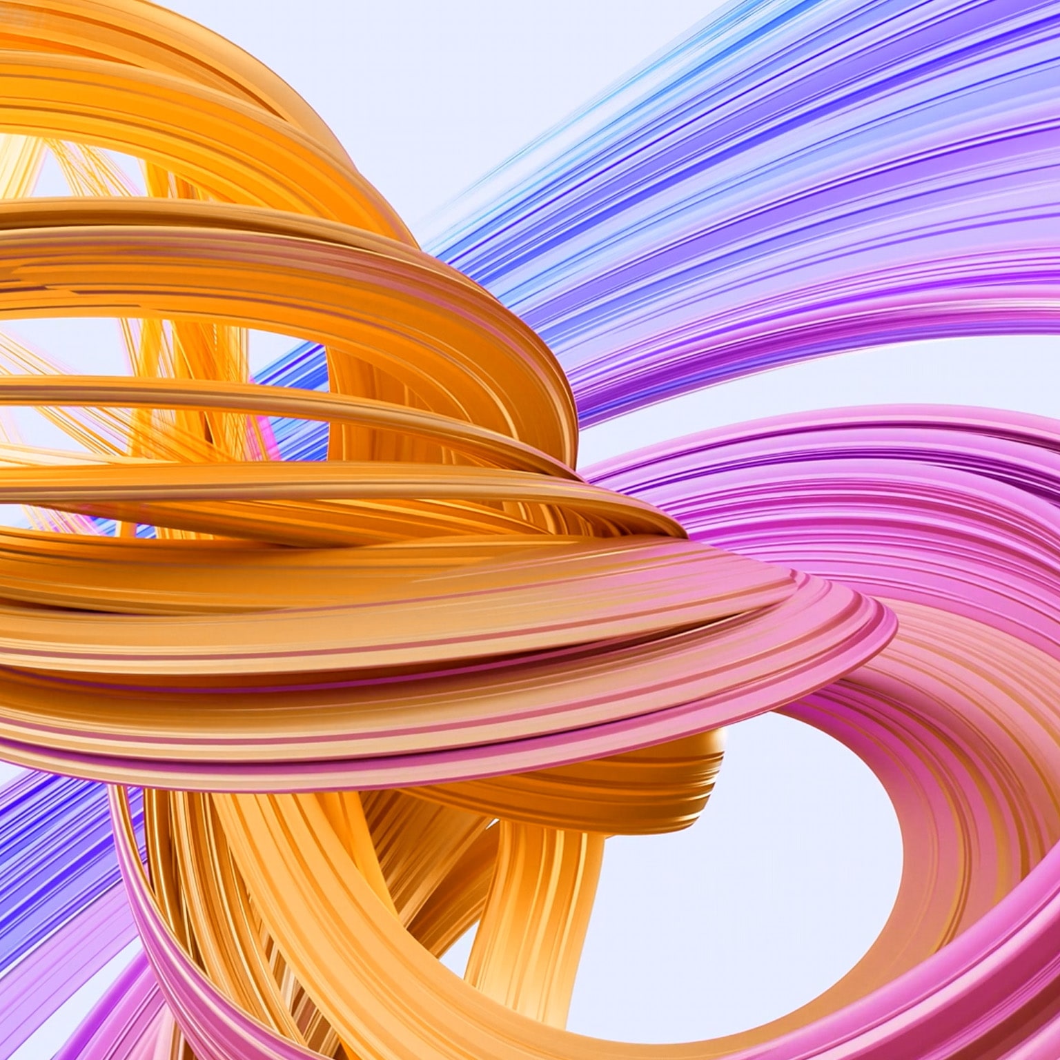 A soft blue backdrop frames a dynamic, three-dimensional display of swirling colors. The shape initially appears as a small, blue form in the upper left corner, but gradually grows in size and incorporates shades of purple and orange as it engulfs the entire screen.