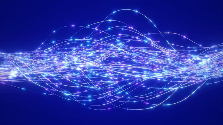 Luminous lines woven with glowing nodes evoking a sense of advanced technology, depicting the continuous transmission of data or energy within complex networks.