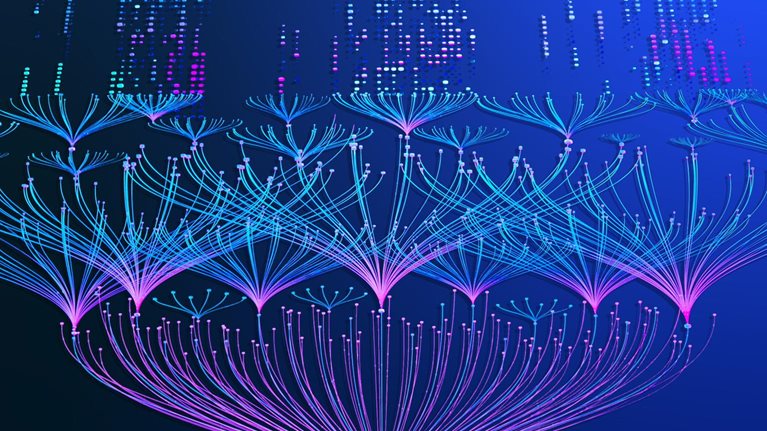 A single line moves across the screen and forms a small node, the branches out to form more lines and nodes which stretch across the screen. The visual is rendered in bright blues and purples and set against a dark gridded background.