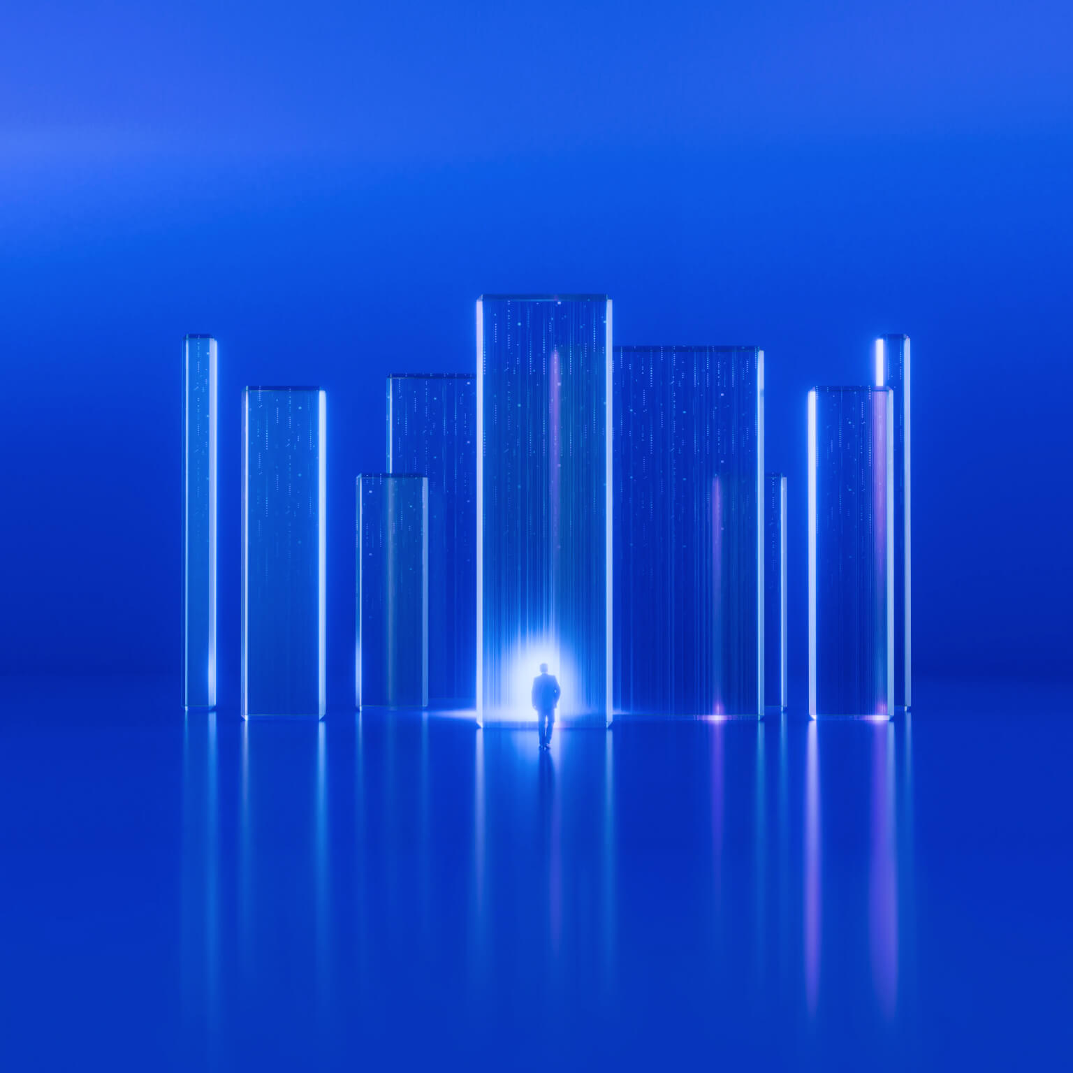The image depicts a minimalist, futuristic digital artwork rendered in vibrant blue tones. A small silhouette of a person walking toward a bright, glowing light source. Several tall, transparent glass or crystal rectangular pillars resembling a abstract city skyline. Glowing vertical streaks and neon highlights in shades of blue and soft pink light up the structures. A perfectly smooth, glossy floor that mirrors the pillars and light, creating a symmetrical look.