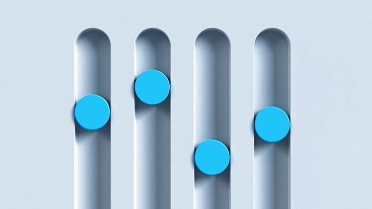 3D illustration of blue equalizer panel. Buttons are up and down.