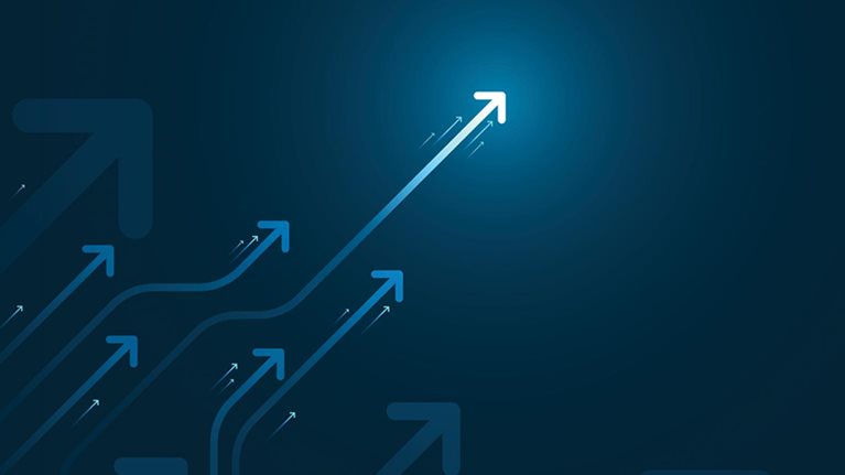 Light arrow circuit on blue background. - stock illustration