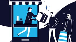 Illustration of people standing in a line and a shop assistant distributing order