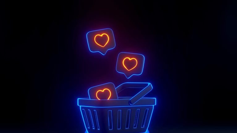 Neon-toned 3D-style image of a shopping basket with heart icons floating from it.