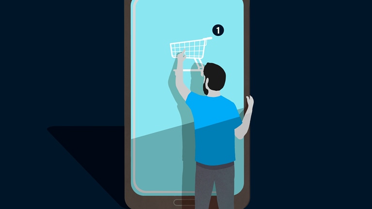 illustration man shopping on life-sized mobile device