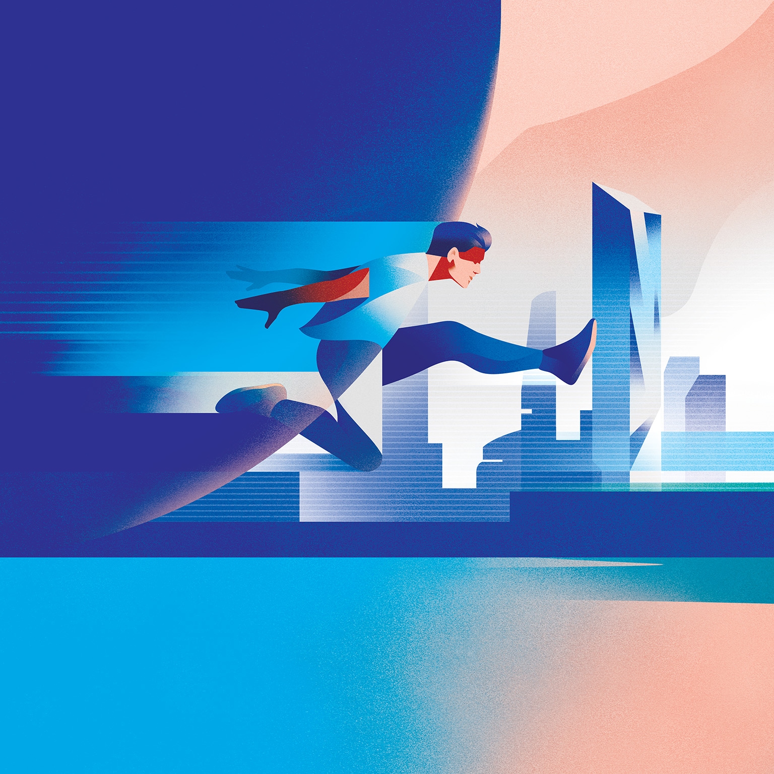 The image is a stylized illustration depicting a person in motion, leaping over a cityscape.