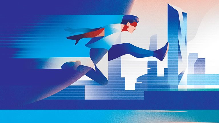 The image is a stylized illustration depicting a person in motion, leaping over a cityscape.